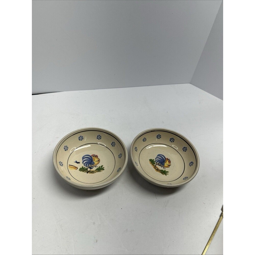 Vintage Studio Art Pottery Rooster Bowls Terracotta Base - Set of 2